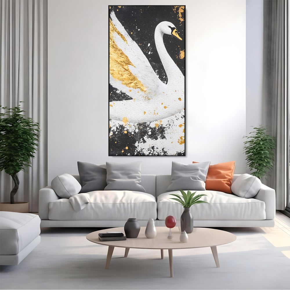 Tablou canvas cu tablou canvas cu lebada si auriu, in rama de aluminiu negru, pe perete intr-un living